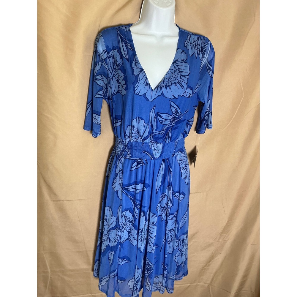 Kate and Lily Floral Mesh Dress Womens 10 Blue New Smocked Waist V-Neck Midi